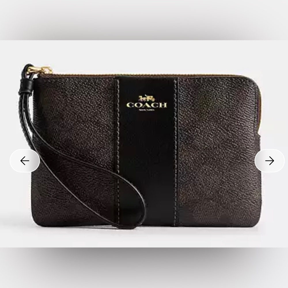 NWT Coach Outlet Corner Zip Wristlet in Signature Canvas, Black Brown, Gold Acc